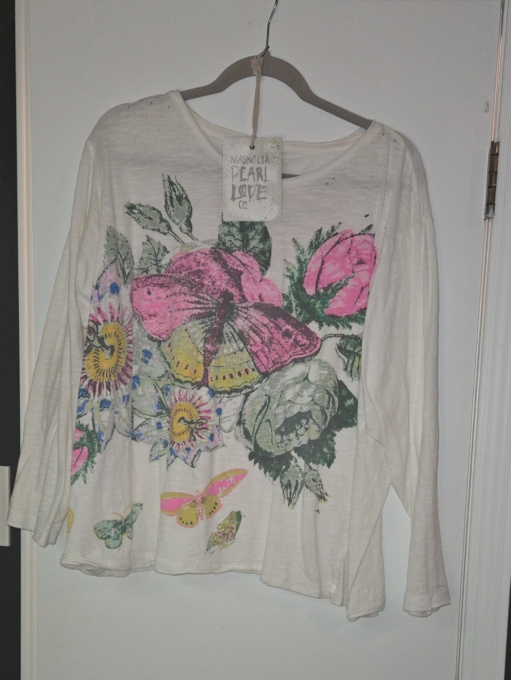 Magnolia Pearl Cream Long-Sleeve Top with Pink Butterfly & Green Floral Print
